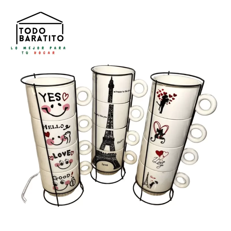 SET DE 4 TAZAS CON SOPORTE 6.5CM x 9.5CM